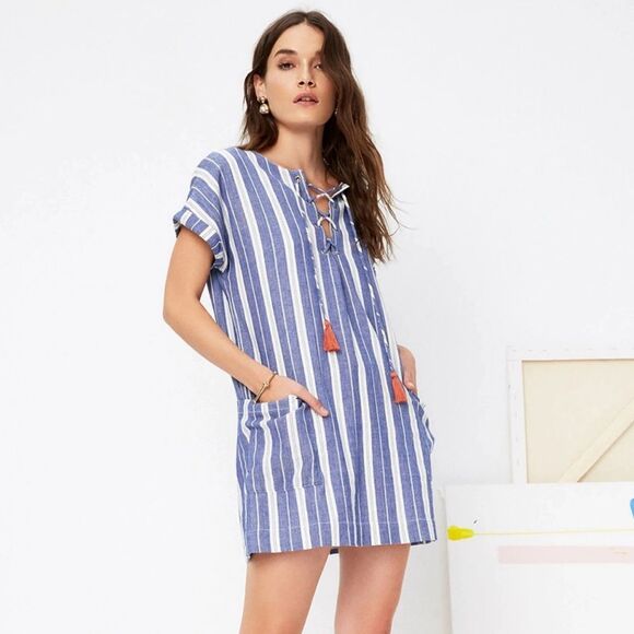 Tularosa Blue and White Striped Coverup with Bohemian Tassles - Picture 1 of 10